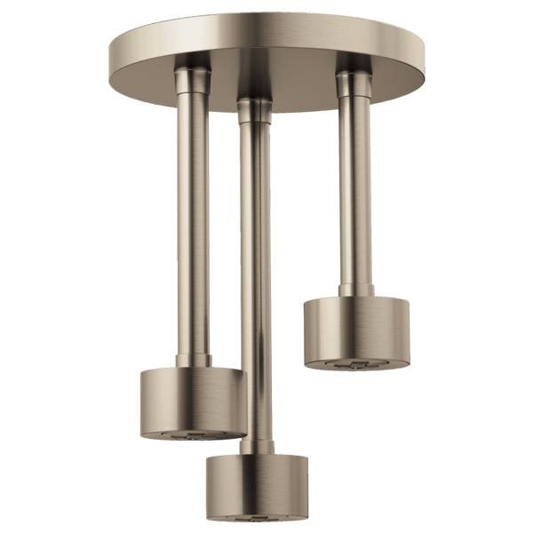 Brushed nickel ceiling-mounted shower head with three cylindrical pendant nozzles suspended from round mounting plate.