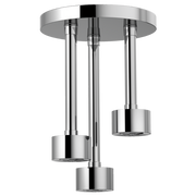Chrome ceiling-mounted raincan shower head with three pendant nozzles suspended from a round circular plate.