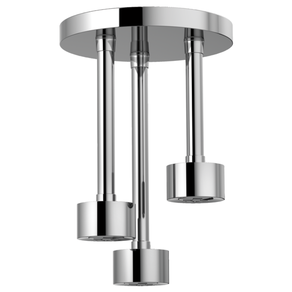Chrome ceiling-mounted raincan shower head with three pendant nozzles suspended from a round circular plate.