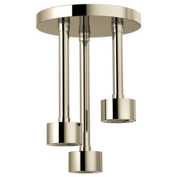 Polished nickel ceiling-mounted shower head with three pendant-style nozzles hanging from a round canopy plate.