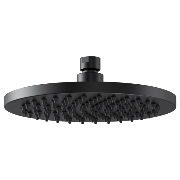 Round black raincan shower head with multiple spray nozzles and ceiling mount connection.
