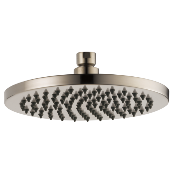 Round stainless steel raincan shower head with multiple spray nozzles and cylindrical arm connector.