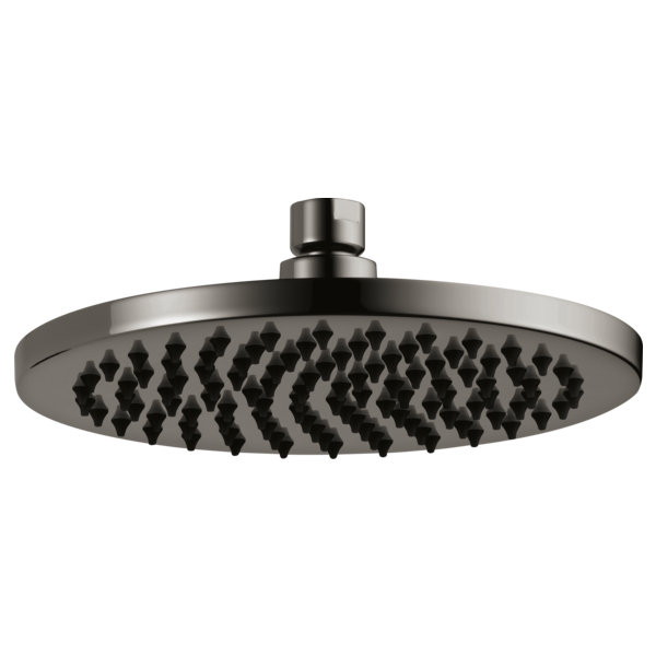 Round metallic raincan shower head with multiple spray nozzles and cylindrical connector arm.