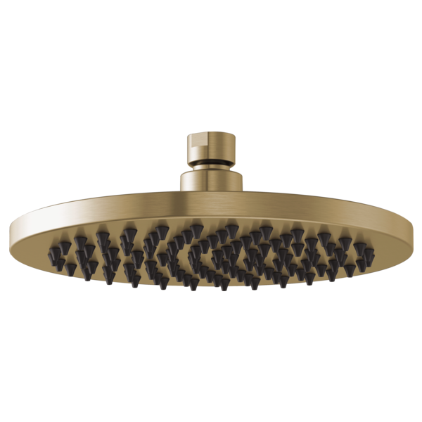 Round brushed bronze raincan shower head with multiple black spray nozzles and cylindrical connector.