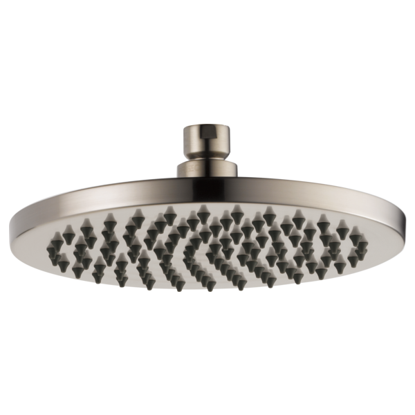 Brushed nickel round raincan shower head with 8-inch diameter and multiple spray jets mounted on short arm.