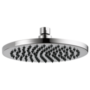 Chrome round raincan shower head with multiple black spray jets in circular pattern and chrome arm mount.