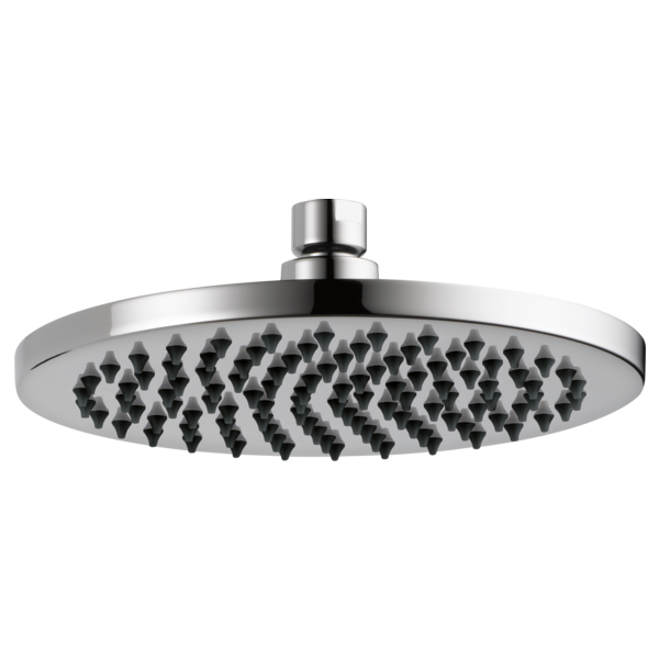 Chrome round raincan shower head with multiple black spray jets in circular pattern and chrome arm mount.