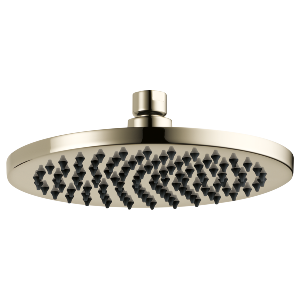Round polished nickel raincan shower head with black spray nozzles and cylindrical connector arm.