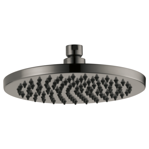 Round brushed nickel raincan showerhead with multiple spray nozzles and vertical connection pipe.