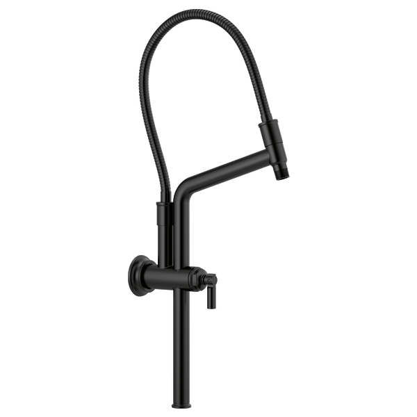 Black chrome shower arm with flexible hose, wall-mounted flange, and adjustable slide bar head.