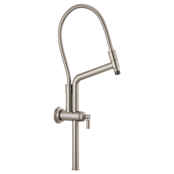 Brushed nickel shower arm with flexible hose connection and wall-mounted flange fitting.