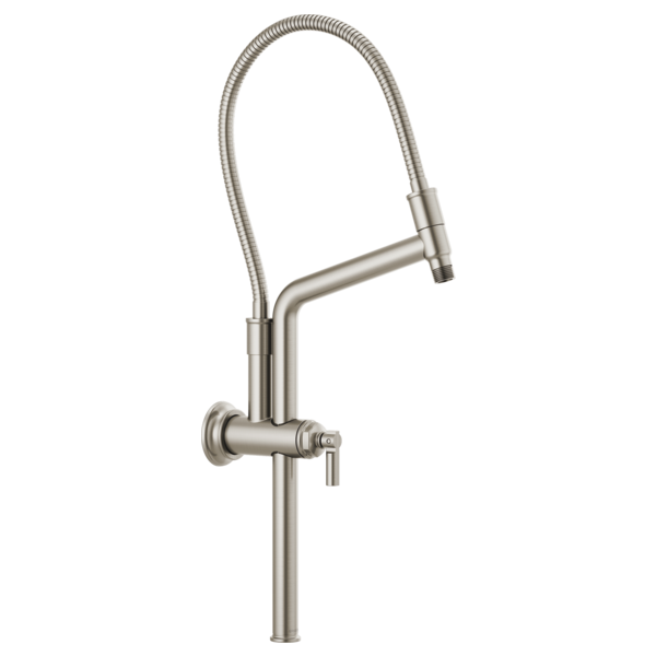 Brushed nickel single-handle kitchen faucet with flexible hose spray and wall-mounted base plate.