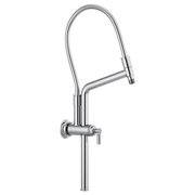 Chrome shower arm with flexible hose connection and wall-mounted flange fitting.