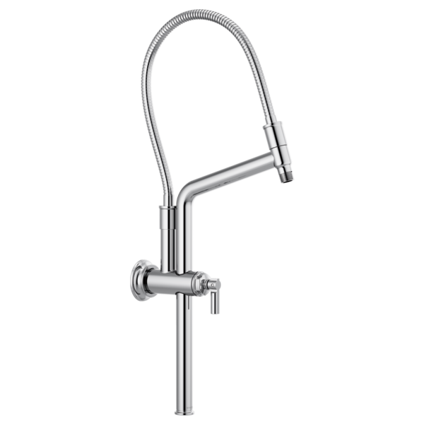 Chrome shower arm with flexible hose connection and wall-mounted flange fitting.