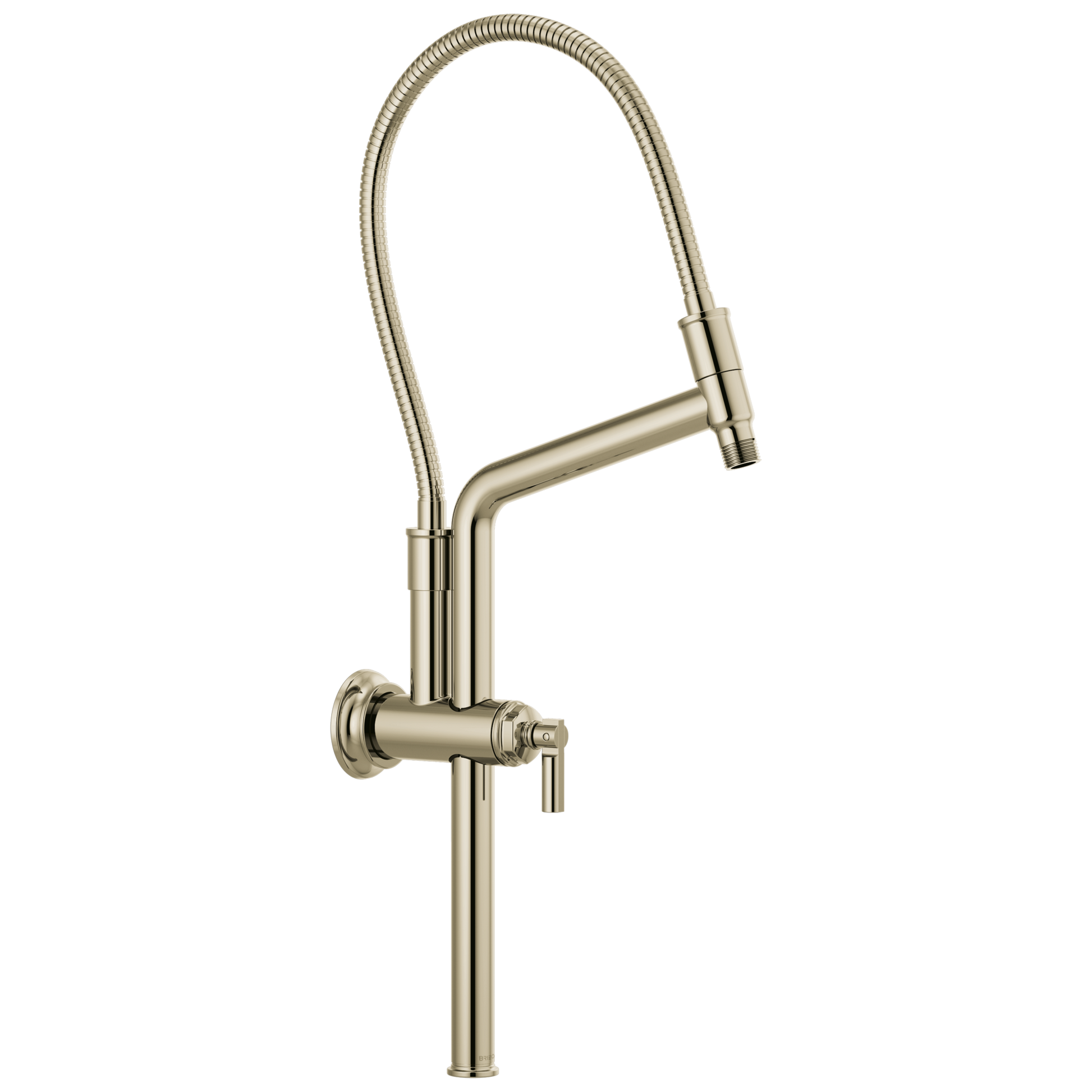 Brushed nickel shower arm with flexible hose, wall flange, and single control lever in classic design.