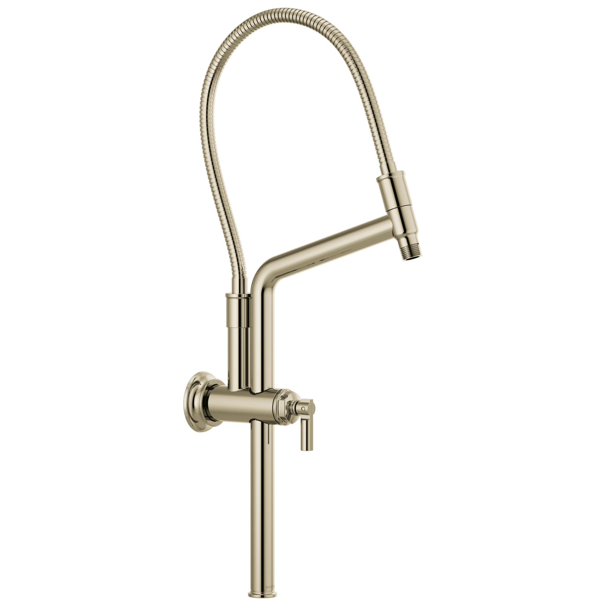 Brushed nickel shower arm with flexible hose, wall flange, and single control lever in classic design.