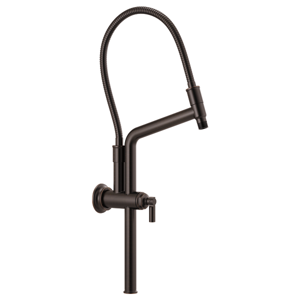 Bronze shower arm and flange with curved flexible hose and lever handle attachment.