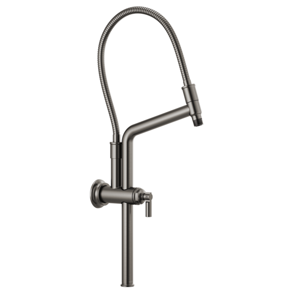 Brushed stainless steel shower arm with flexible hose and wall-mounted flange connection.