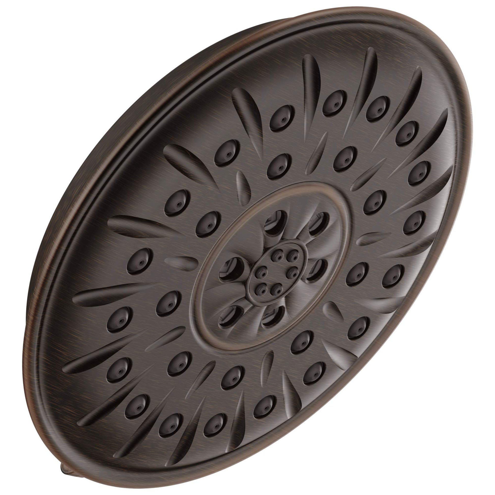 Round oil-rubbed bronze shower head with radiating spray holes and central adjustment dial.