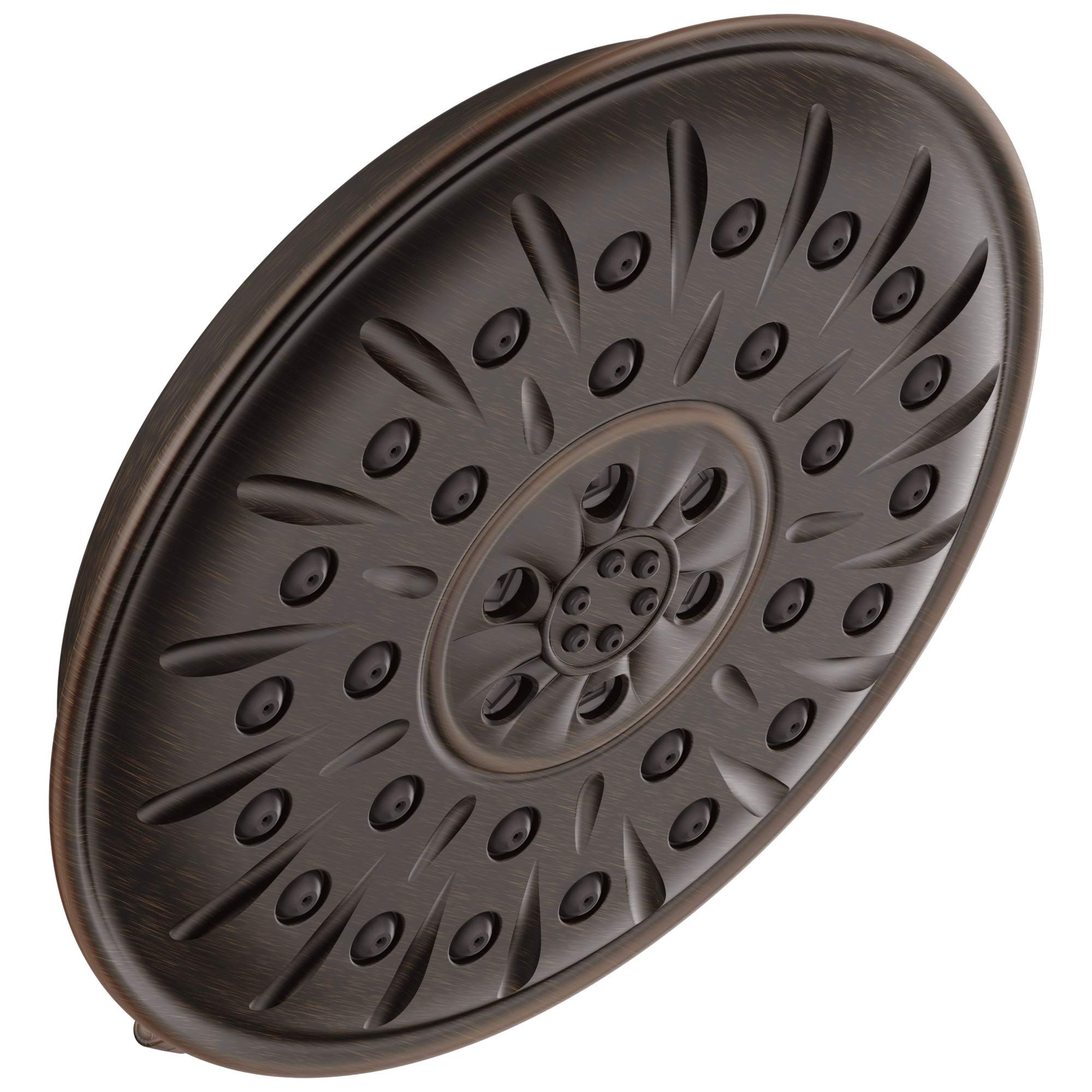 Round oil-rubbed bronze shower head with radiating spray holes and central adjustment dial.