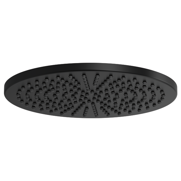 Black round raincan shower head with multiple spray jets across the face.