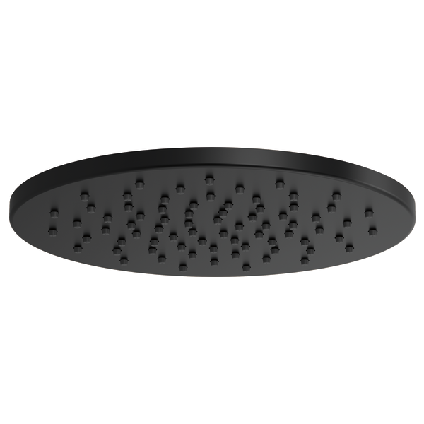 Black round raincan shower head with multiple spray nozzles in linear pattern, viewed from below.