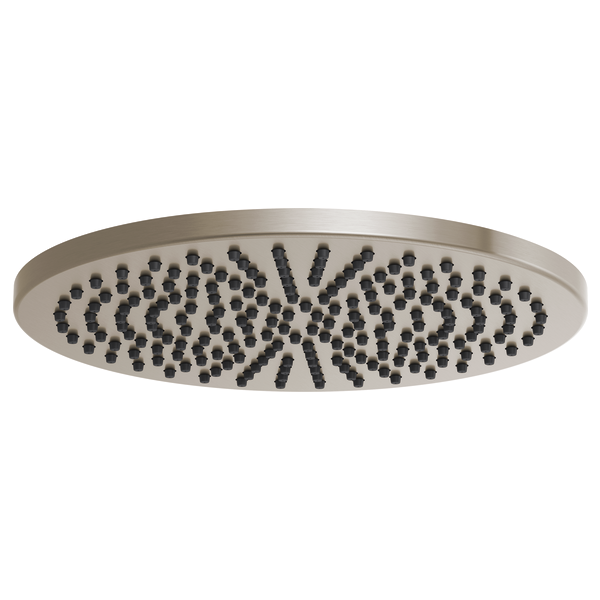 Brushed nickel round raincan shower head with multiple spray nozzles in linear pattern, 12 inches diameter.
