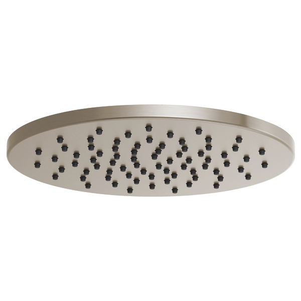 Round stainless steel raincan showerhead with multiple spray holes on flat surface.