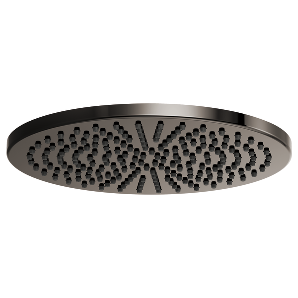 Round black metal raincan shower head with multiple spray jets arranged in a radial pattern.