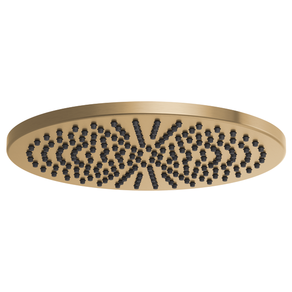 Round brass raincan shower head with multiple jet spray holes arranged in a circular pattern.