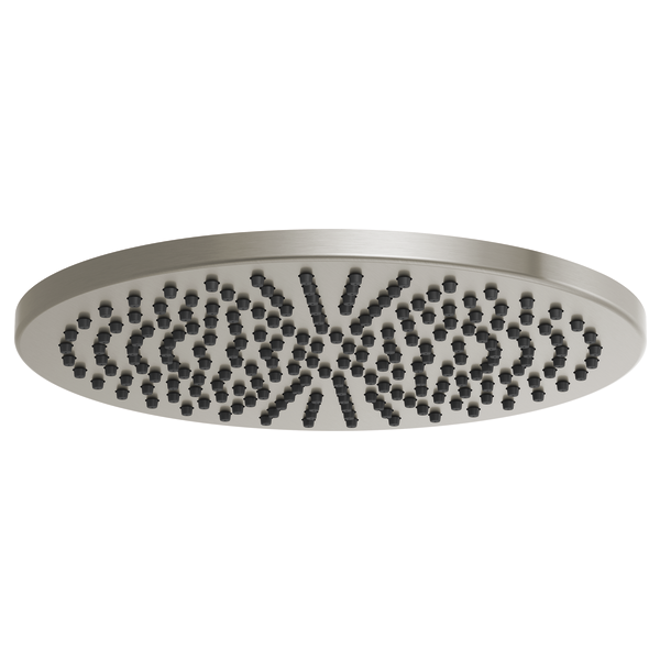 Brushed nickel round raincan shower head with multiple spray jets arranged in a linear pattern.