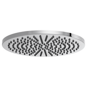 Round chrome raincan shower head with multiple spray jets arranged in a radial pattern.