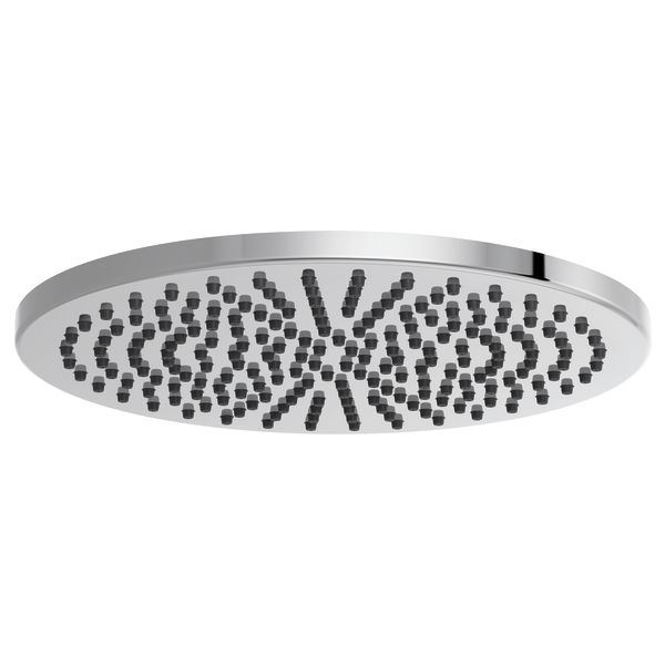 Round chrome raincan shower head with multiple spray jets arranged in a radial pattern.