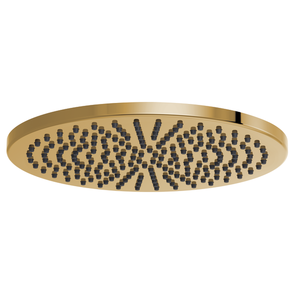 Round brass raincan shower head with multiple spray jets arranged in a radial pattern.