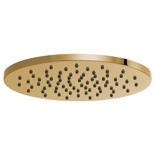 Round brushed gold raincan shower head with multiple spray nozzles distributed across the flat surface.