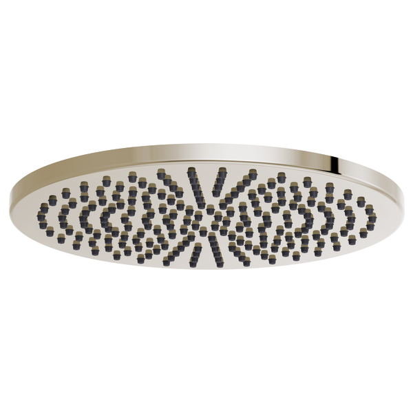 Round stainless steel raincan shower head with multiple small spray nozzles arranged in a radiating pattern.