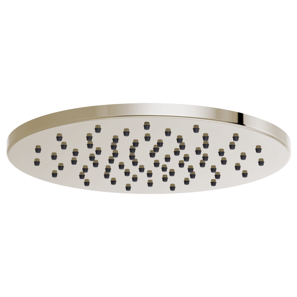 Round brushed nickel raincan shower head with multiple spray nozzles across flat surface.