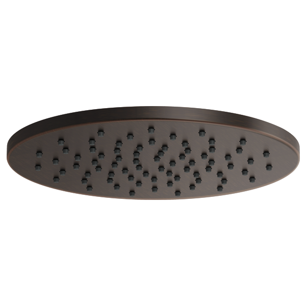 Round dark bronze raincan shower head with multiple spray holes distributed across flat surface.