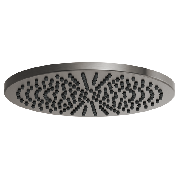 Round brushed metal raincan shower head with multiple spray jets in linear pattern.