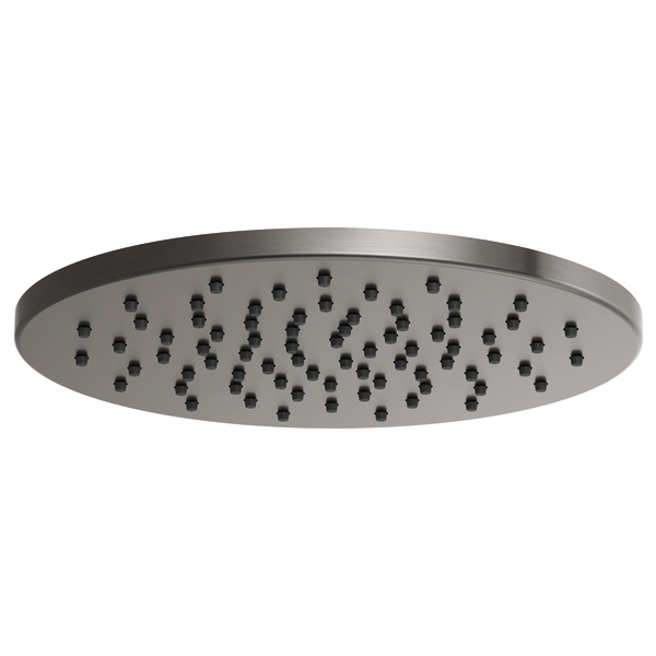 Round brushed nickel raincan showerhead with multiple spray holes evenly distributed across flat surface.