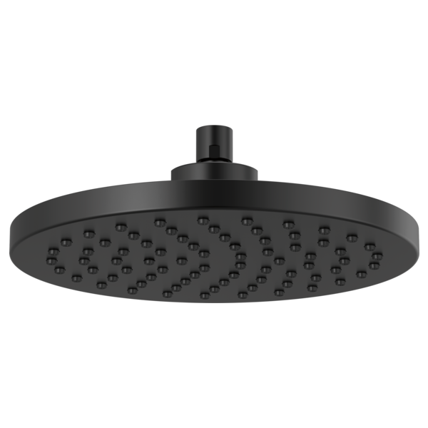 Round black raincan shower head with multiple spray jets and ceiling mount arm.