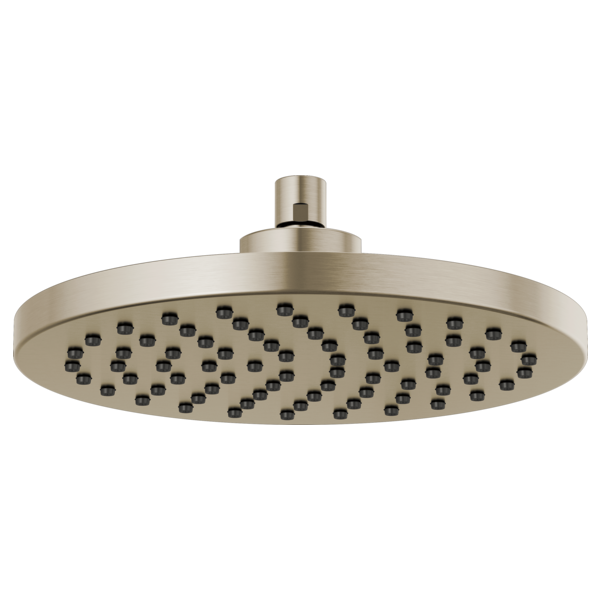 Brushed nickel round raincan shower head with multiple spray jets and ceiling-mounted arm.