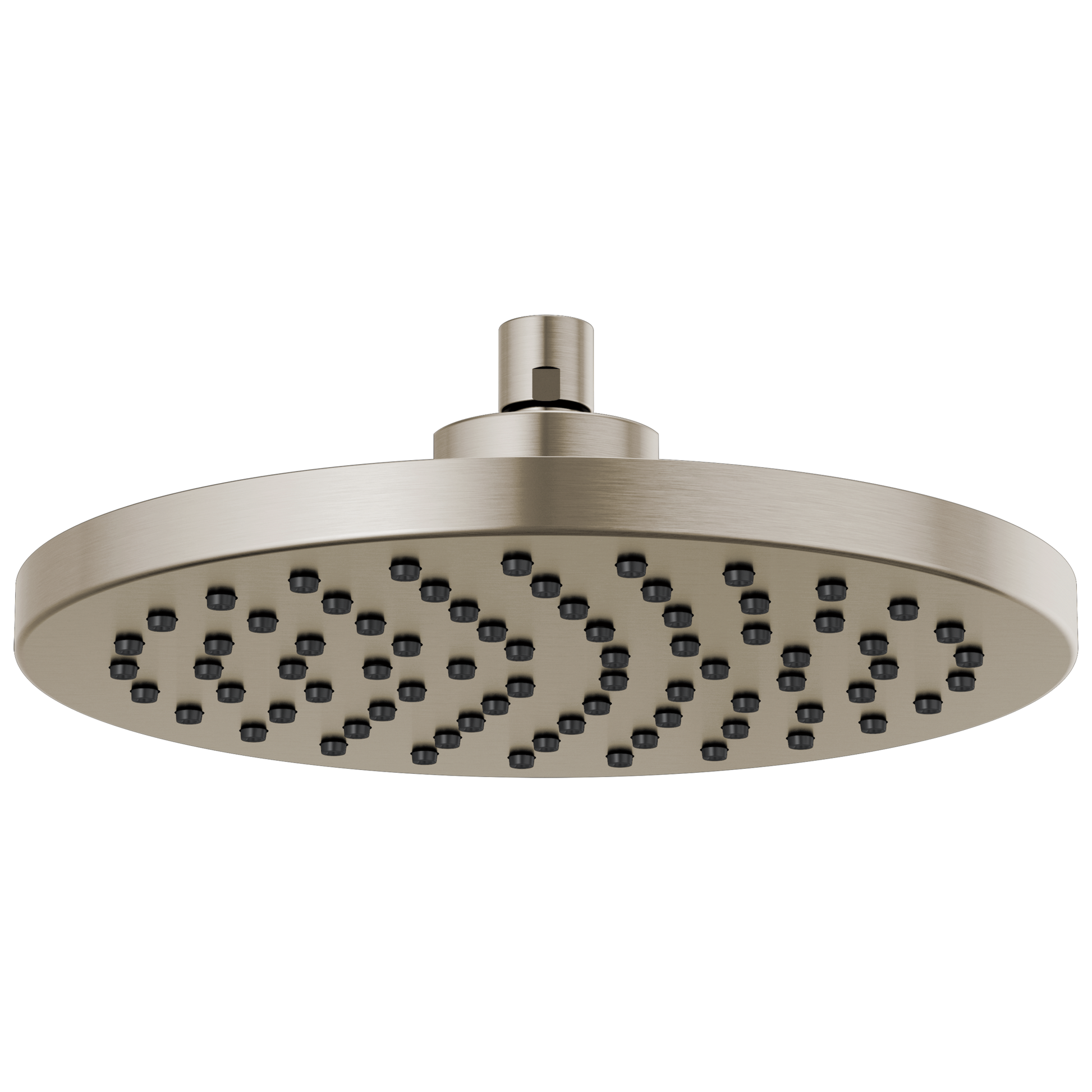 Brushed nickel round raincan shower head with multiple spray nozzles and cylindrical arm mount.