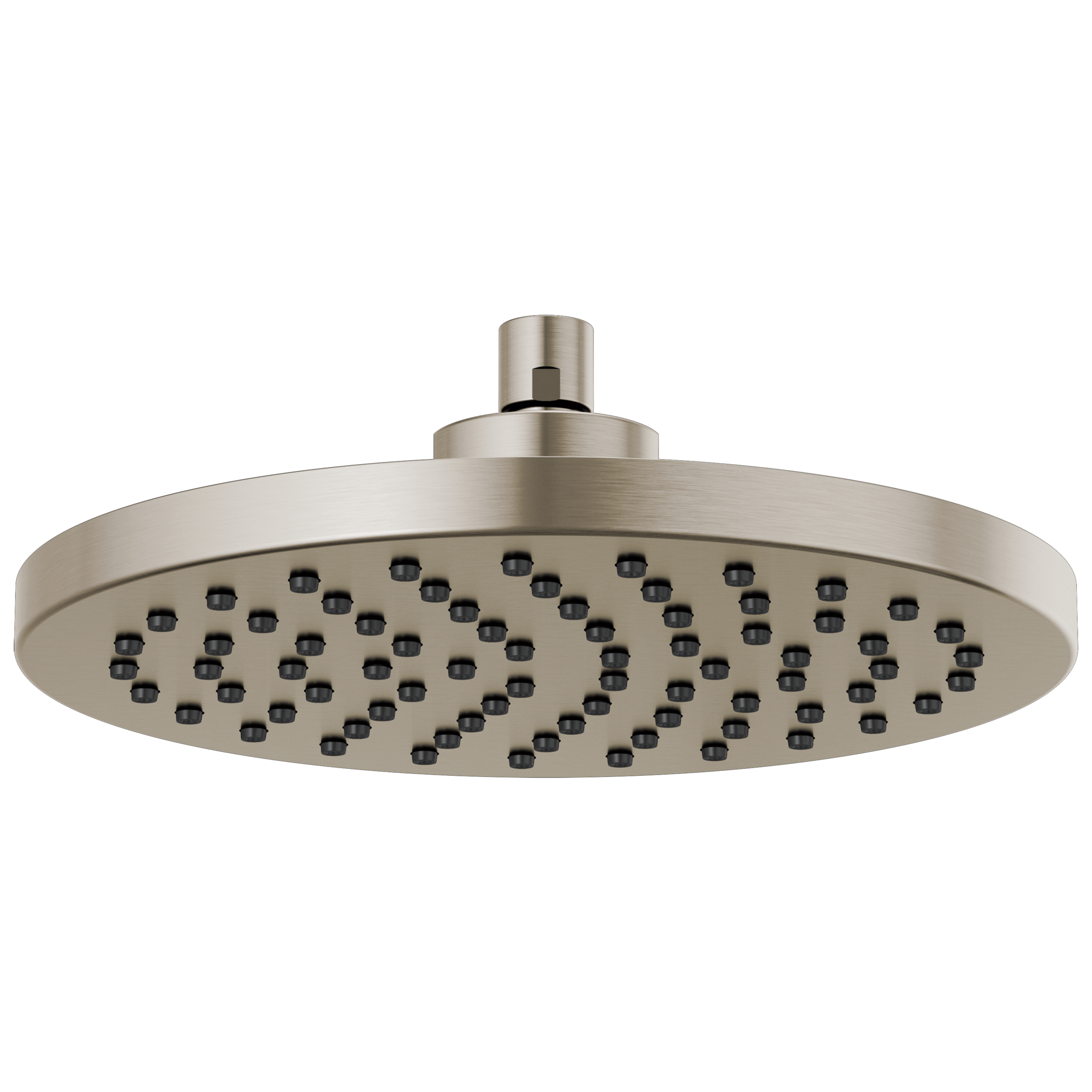 Brushed nickel round raincan shower head with multiple spray nozzles and cylindrical arm mount.