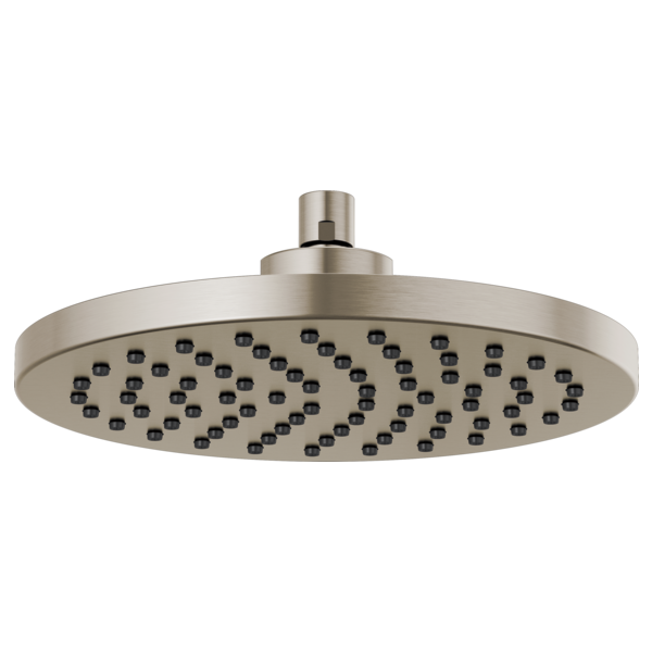 Round brushed nickel raincan shower head with multiple spray jets and ceiling mount arm.