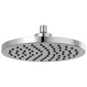 Round chrome raincan shower head with multiple spray holes and cylindrical arm connector.