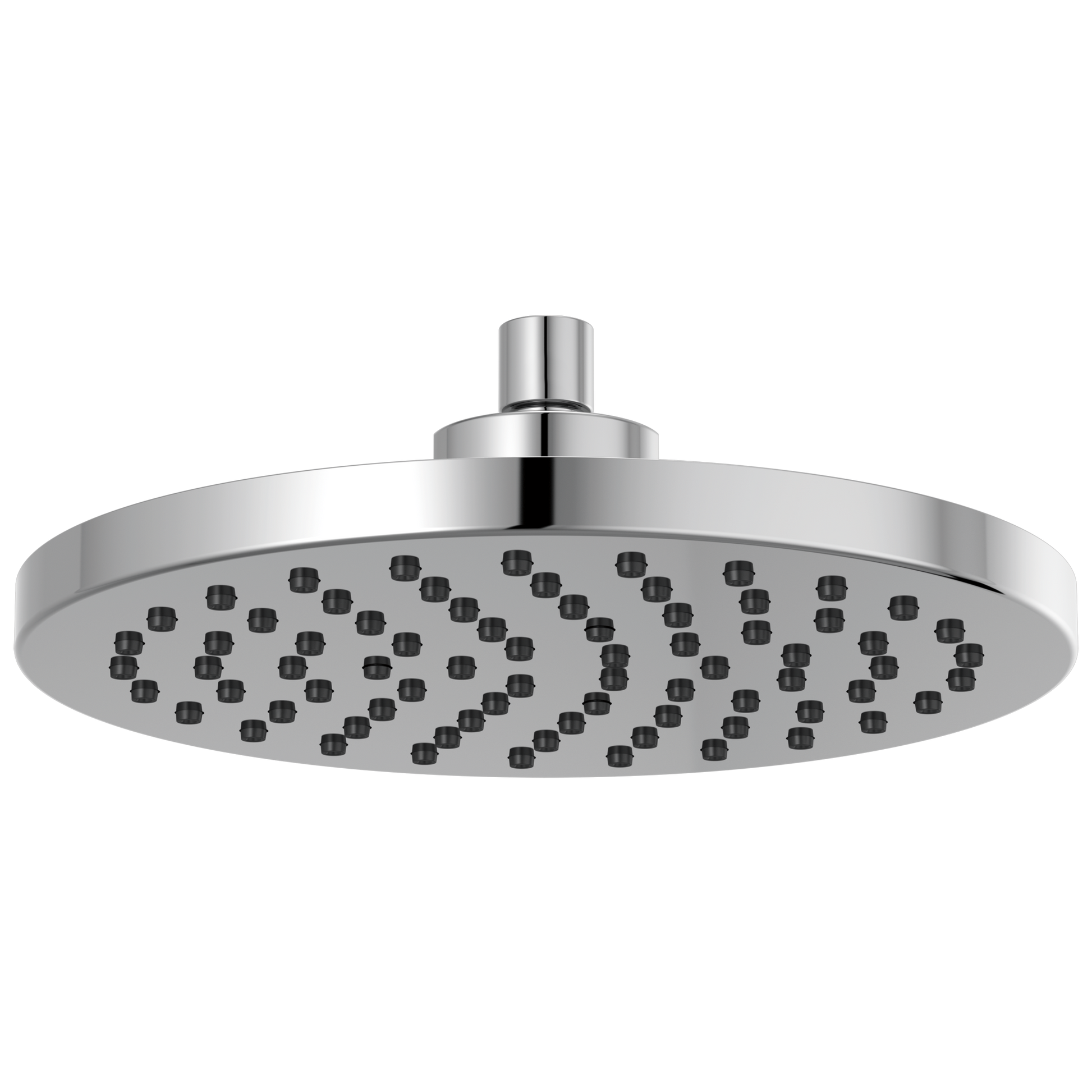 Round chrome raincan shower head with multiple spray holes and cylindrical arm connector.