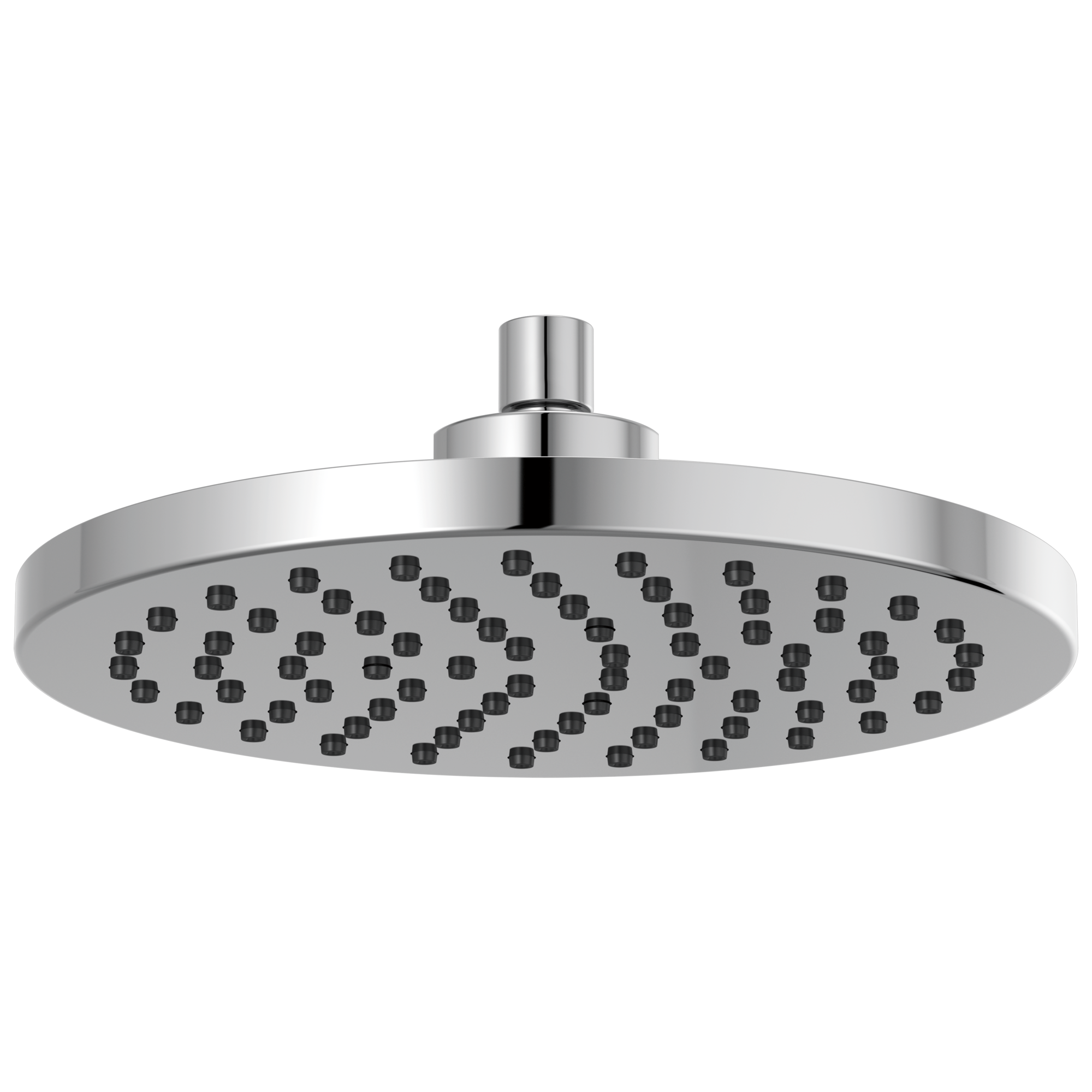 Round chrome raincan shower head with multiple spray holes and cylindrical arm connector.