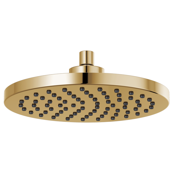 Round brass raincan shower head with multiple spray holes and cylindrical mounting arm.