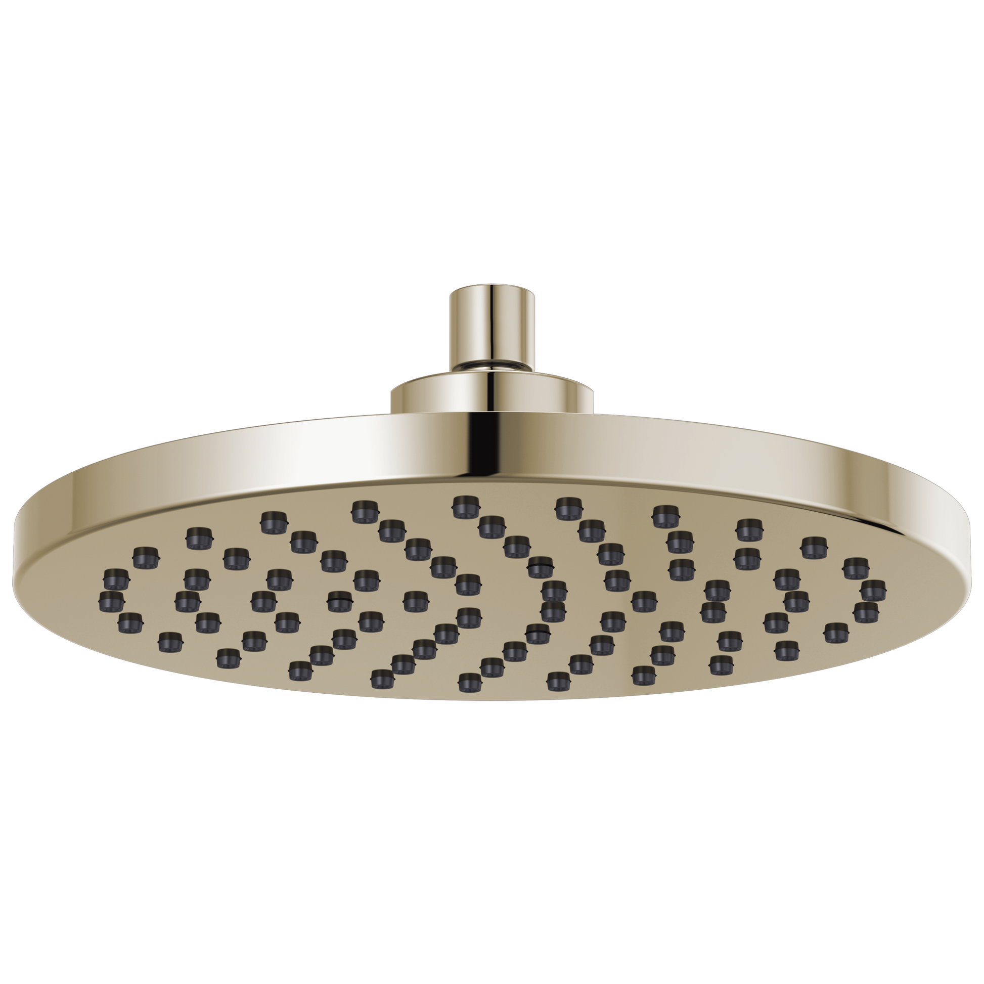 Round brushed nickel raincan shower head with multiple spray jets and cylindrical connector arm.